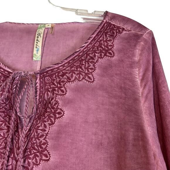 Andree Top Womens Size S Mauve Pink Ruffled Peasant Embroidered Boho Loose Flowy - Picture 5 of 9